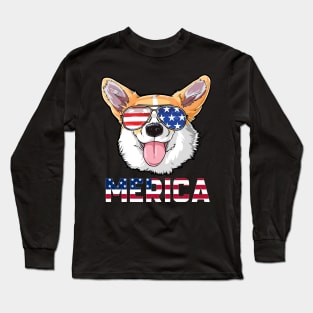 Merica Corgi Dog American Flag 4th Of July Long Sleeve T-Shirt